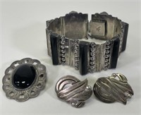 Mexican Sterling Bracelet, Earrings and Brooch
