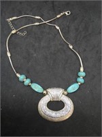 Turquoise and Silver Tone Medallion Necklace