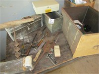 BIG DRAWER FULL OF OLD TOOLS, METAL BOXES, AUGER
