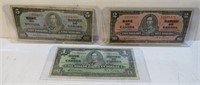 1937 Lot 3 Bank Notes 1-2-5 Canada Vintage Bills