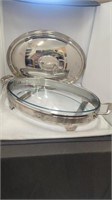 Large oven dish in a silver plated frame with lid