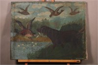 Early Hand Painted "Dog & Ducks" on Canvas by