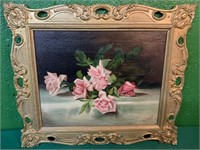 Oil on Board of Pink Roses w/Gilded Frame