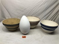 3 Stoneware Mixing Bowls & Wooden Egg