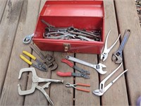 Metal toolbox full of tools, wrenches, pliers, ext