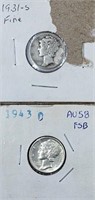 2 Silver Mercury Dimes - 1931-S & 1943-D