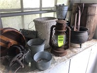 Wood Keg, Gal. Cast Iron Pot, Lantern &  Misc