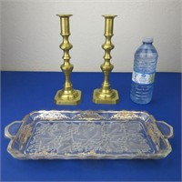 2 Brass Candlesticks & Silver Overlay Serving Tray