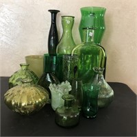 Collection Of Green Glass Vases & More