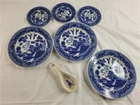 Set of three blue willow chargers & saucers