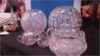 Five pieces of crystal: two large rose bowls,