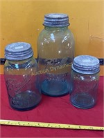 Three Ball Mason Jars, Blue w/ lids