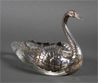 Antique Sterling Silver Swan Glass Dish