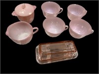 Pink glass butter, cream, sugar, and mug set