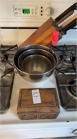 One box of recipes three, metal mixing  bowls,