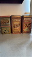 4 metal storage tins coffee, Tea, Flour, Sugar