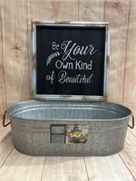 Galvanized Oval Tub & Rustic Sign