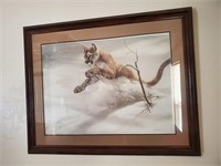 Mountain Lion In Snow Framed Art, Signed, Marked