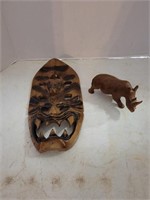 Carved Tribal Mask & Carved Rhino