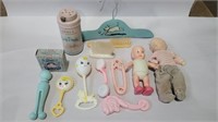 Lot of vintage baby toys, advertising and doll
