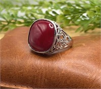 .925 Sterling Silver Red Stone Ornate Ring Size 10