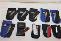 10 Folding Knives w/Nylon Sheaths