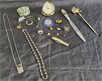 Group of vintage jewelry, school pins, letter