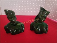 2 Vtg 40's Indonesian Green Glazed Figural Vases