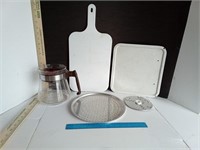 Glass Coffee Pot, Cutting Board,  Enamel Tray,