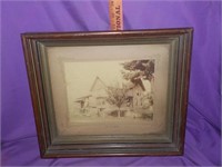 Early house picture walnut frame