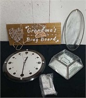 Wall clock, Grandma's brag board, and etched