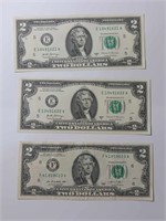 3 TWO DOLLAR BILLS ASSORTED SERIAL NUMBERS