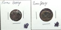 Pair of ancient Roman Bronze coins. In bag, in