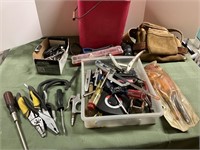 Vise Grips, pliers, screwdrivers, tool belt, misc