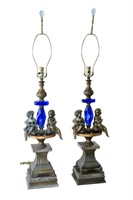 Cherub Table Lamps with Blue Crystal Stems