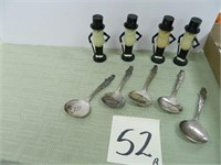 Mr. Peanut Salt & Pepper Sets & (5) Mint Spoons