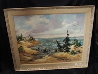 An oil painting on canvas of a seascape signed