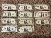 LOT OF 11 1969 & 1974 ONE DOLLAR FEDERAL RESERVE