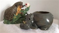 Ceramic Hippo Planter and Metal Hedgehog Decor