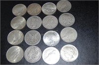 16 Morgan & Peace silver dollars 1922, 1927,