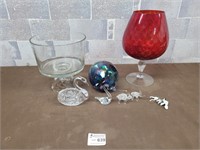 Crystal swan, blown glass elephant, vase, etc