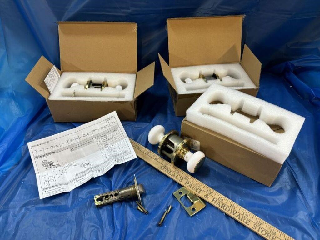 3 Gold Tone and White Door Knob Assemblies