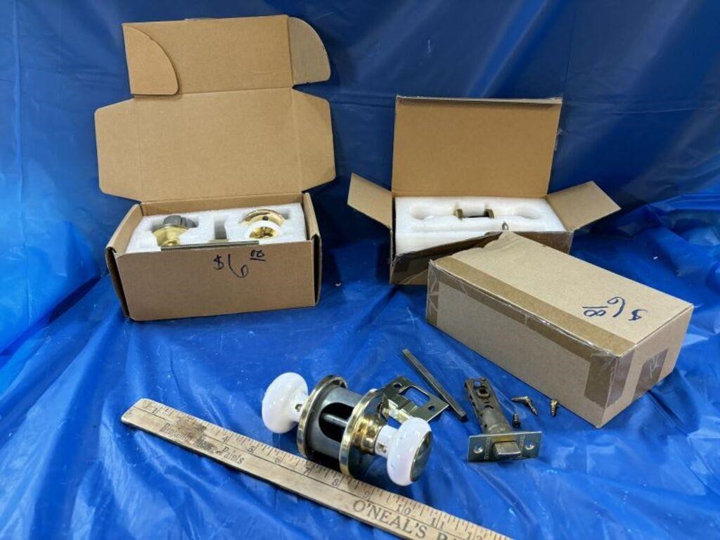 3 Gold Tone and White Door Knob Assemblies