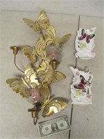 Pair Vintage Ceramic Butterfly Vases & Metal Gold
