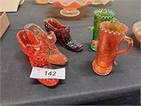 3 Carnival glass shoes and 2 toothpick holders