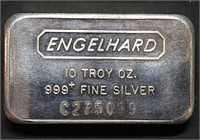 Vintage Engelhard 10 Troy Oz .999 Fine Silver Bar