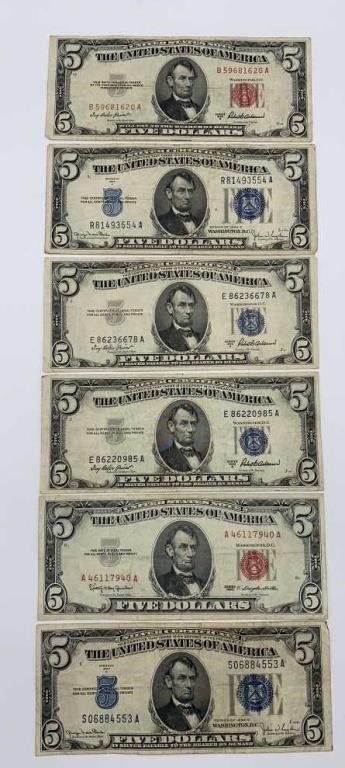 (6) US $5 Bills (Series 1934-D, 1963, & 1953-A)