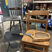 WOODEN RAQUET, WOODEN CHAIR AND FOLDING CHAIR