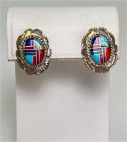 Large Sterling Turquoise/Lapis/Coral/Opal Earrings