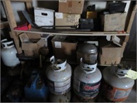 GROUP - PROPANE TANKS AND CONTENTS ON SHELVES -